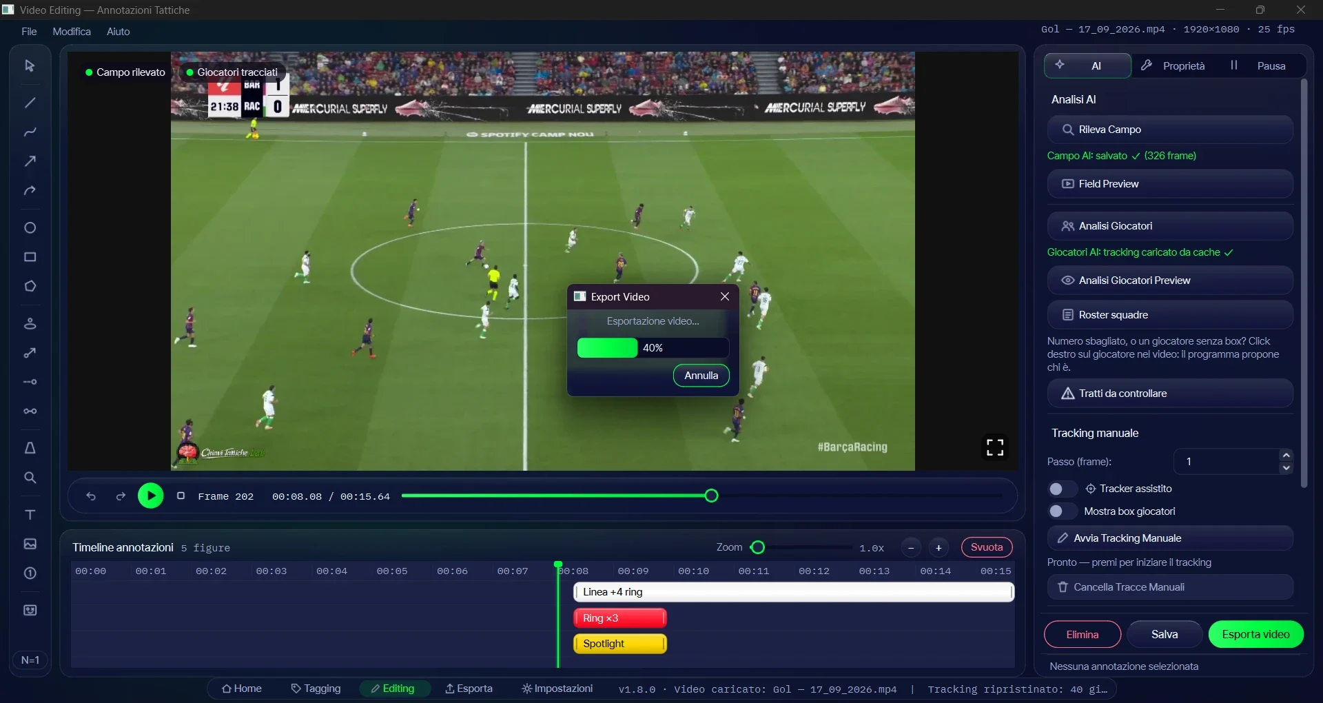 L'Editing durante l'esportazione del video: finestra di avanzamento al 40% sopra il video con le figure disegnate